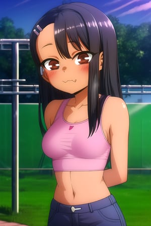 masterpiece, best quality, (solo:1.3), 1girl , arms behind back,looking_at_viewer,loli,dusk,lakecrop_top,long pants,center_opening,under_boob,black hair,dark skin, hairclip, brown eyes, hair ornament, hairclip,nagatoro hayase,(cute_fang:1.1),