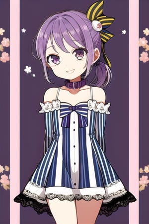 masterpiece, best quality, (solo:1.3), 1girl , arms behind back,looking_at_viewer,loli,mini_girl,purple_hair,long_sleeves,long_ponytail,smile,sleeveless dress, whitedress, flat chest,hair_ornament, bowtie, collar, off_shoulder, lace, striped,in fashion show,on catwalk