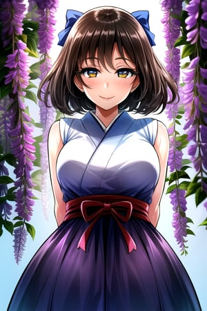 masterpiece, best quality, (solo:1.1), 1girl , arms behind back,looking_at_viewer,blue japan_dress,brown hair,white bows,wisteria forest background,symmetrical,in purple and black style,obi,smile,