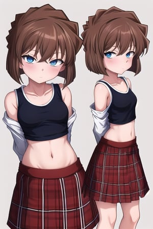 masterpiece, best quality,solo,1girl, looking at viewer, arms behind back ,(loli:1.2),short_hair,aihaibara,blue_eyes, brown_hair, closed_mouth,off-shoulder,crop_top,tartan_skirt,tiny_breasts