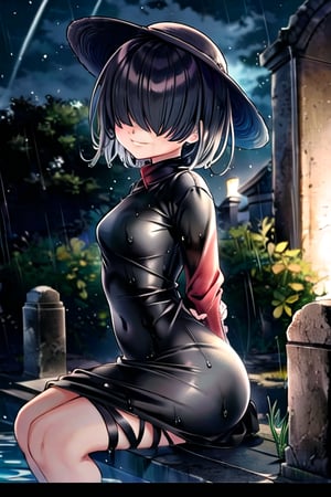 masterpiece, best quality, solo, 1girl,arms behind back,loli,,rain, small_breast, smile,(night:1.3),sitting in cemetery,black_hair ,red dress,big straw hat,wet_clothes,short_hair,hair over eyes