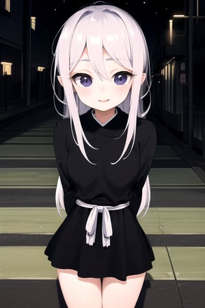 masterpiece, best quality, (solo:1.1), 1girl ,looking at viewer,( arms behind back :1.3),loli, kuchikirukia, black  long sleeves dress,white obi,,smile,night tunnel background,paint scans in the floor,