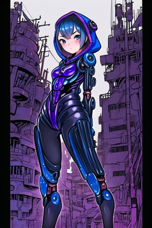 masterpiece, best quality,1girl, (solo:1.1), in sanke style,arms behind back , looking_at_viewer, hood,factory background , loli,mechanical suit,,short_hair,cyberpunk exoskeleton