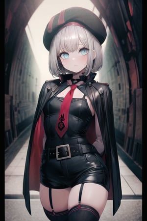 masterpiece, best quality, solo, 1girl, (arms behind back:1.1),dark tunnel,looking at viewer, vesti (nikke),red necktie, black thighhighs, cape, long sleeves, beret, black shorts,tactics_belt