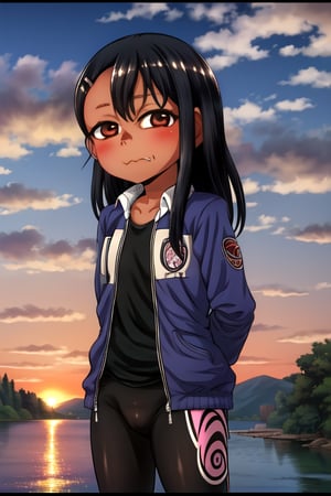 masterpiece, best quality, (solo:1.3), 1girl , arms behind back,looking_at_viewer,(loli:1.3),dusk,lake,black sport suit,black hair,dark skin, hairclip, brown eyes, hairclip,nagatoro hayase,(cute_fang:1.2),