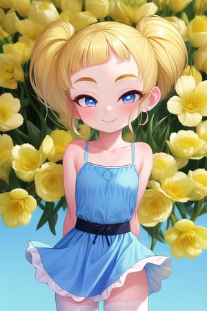 masterpiece, best quality,solo,1girl, looking at viewer, (arms behind back:1.2),(buttercup),loli,little girl,blue and yellow style,blue dress,short dress,white stockings,smile,closed_mouth,twin_tails,black waistband,short_hair,