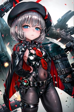 masterpiece, best quality, solo, 1girl, (arms behind back:1.1),loli,dark tunnel,looking at viewer, vesti (nikke),red necktie,black bodysuit, black thighhighs, cape, long sleeves, beret, black shorts,belt