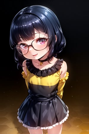 masterpiece, best quality, (solo:1.1), 1girl ,in yellow and black style,( arms behind back :1.3),(loli:1.3),black hair, lfactory background,fusion of honeycomb and dress,smile,glasses,loli,from above, 