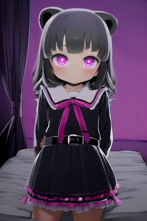 masterpiece, best quality, solo,looking at viewer, 1girl, raccoon dog girl, arms behind back , looking at viewer, various fluttering ribbons,in bedroom,(loli:1.3), in black and pink style, night, eyes glowing,belt,