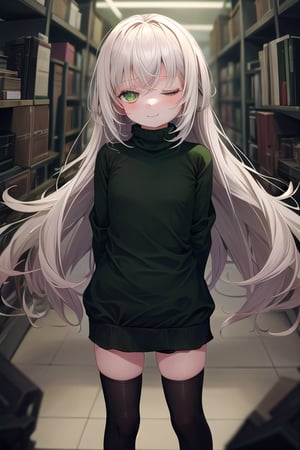 masterpiece, best quality, solo, 1girl, (arms behind back:1.1),loli,dark tunnel,looking at viewer,long_hair,  black_hair, closed_eyes,(green sweater:1.3),smile,  sleeves_past_wrists,  turtleneck, closed_mouth, bangs, ,flat_chest,long_sleeves,(black legswear:1.3),oversized_clothing,(little girl:1.2),