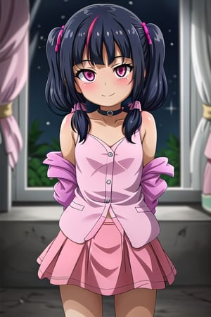 masterpiece, best quality,solo, cosplay, 1girl, black  hair,little girl,loli,mesugaki,looking at viewer,smile,in dark hole, arms behind back ,choker,off_shoulders,pink streaked hair, twin_tails,collared_shirt,cropped_jacket,blue skirt,