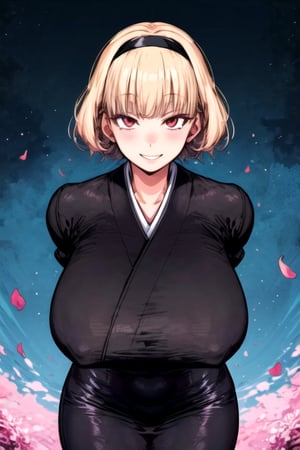 masterpiece, best quality, (solo:1.3),1girl,flowers on the other side,hairband,black japan dress,obi, tomboy,,arms_behind_back,,black_hair,looking_at_viewer,gigantic_breast,seductive smile, long_sleeves,blonde,oversized_clothes