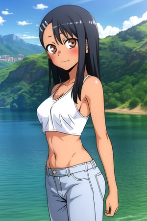 masterpiece, best quality, (solo:1.3), 1girl , arms behind back,looking_at_viewer,loli,dusk,lake,black crop_top,long pants,under_boob,black hair,dark skin, hairclip, brown eyes, hairclip,nagatoro hayase,(cute_fang:1.1),