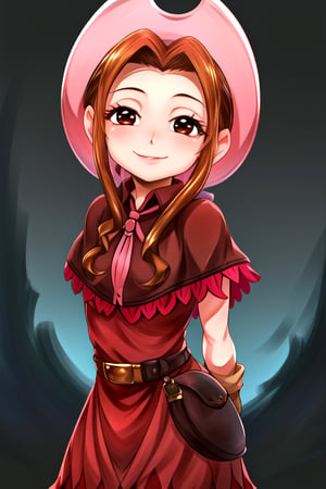 masterpiece, best quality, (solo:1.3), 1girl , arms behind back,looking_at_viewer,Tachikawa Mimi, long hair, brown hair, brown eyes, hat, dress, belt, red dress, gloves, sidelocks, capelet, pink hat, fringe trim, short sleeves,smile 