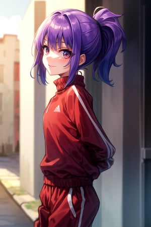 masterpiece, best quality, (solo:1.3), 1girl , arms behind back,looking_at_viewer,loli,mini_girl,purple_hair,roof
 background,red tracksuit,long_sleeves,long_ponytail,smile,(oversized_clothing:1.3)