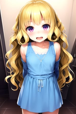 masterpiece, best quality, (solo:1.1), 1girl ,looking at viewer,( arms behind back :1.3),loli, blonde hair,  face focus,from above, wavy hair, long sleeves top ,,open mouth,smile,night tunnel background,paint scans in the floor,