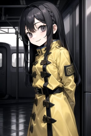 masterpiece, best quality, (solo:1.3), 1girl ,in yellow and black style,dusk,( arms behind back , :1.3),(loli:1.3),train station,black hair, long hair,(honeycomb pattern oversized coat:1.0),open coat ,belt,smile,factory background