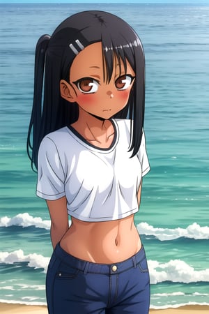 masterpiece, best quality, (solo:1.3), 1girl , arms behind back,looking_at_viewer,loli,dusk,lake,black crop_top,long pants,black hair,dark skin, hairclip, brown eyes, hairclip,nagatoro hayase,(cute_fang:1.1),