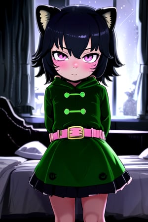 masterpiece, best quality, solo,looking at viewer, 1girl, raccoon dog girl, arms behind back , looking at viewer, various fluttering ribbons,in bedroom,(loli:1.3), in black and green style, night, eyes glowing,belt,