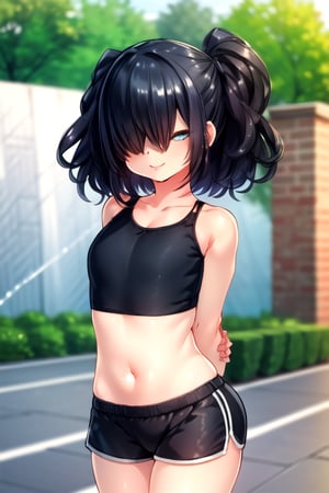 masterpiece, best quality, (solo:1.3),1girl,falling water from hill, sports bra,hot shorts, arms_behind_back,,black_hair,looking_at_viewer,,seductive smile,(hair over eyes:1.3), 