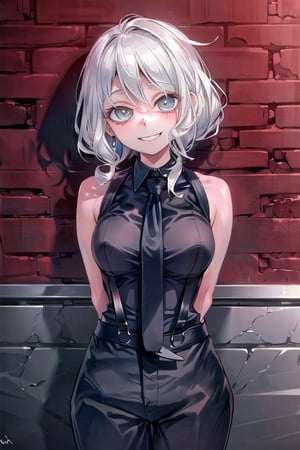 masterpiece, best quality, solo, 1girl, (arms behind back:1.1),brick wall, rika, cowboy shot, jewelry, closed mouth,  collared shirt, eyelashes, suspenders, black necktie, grey shirt,  black pants,looking at viewer,smile,pointed_teeth