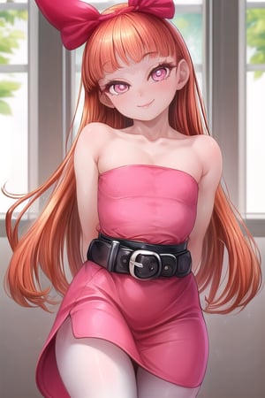 masterpiece, best quality,solo,1girl, looking at viewer, (arms behind back:1.3),(blossom),loli,little girl,pink dress,white stockings,smile,long_hair,black belt,sleeveless,orange_hair,flat_chest,pink eyes,collarbones,blunt_bangs,red bow on head,curvy,straight hair, strapless