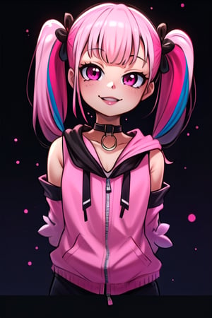 masterpiece, best quality,solo, cosplay, 1girl, black  hair,little girl,loli,mesugaki,looking at viewer,smile,in dark hole, arms behind back ,choker,off_shoulders,pink  streaked hair, twin_tails,collared_shirt,cropped_jacket,blue elbow_gloves,