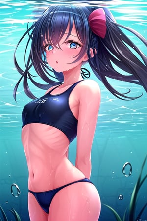 masterpiece, best quality,solo,1girl, looking at viewer, arms behind back,swimsuit,underwater,,wet,floating_hair,loli,