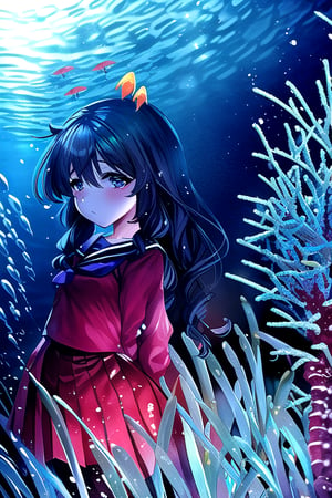 masterpiece, best quality, (solo:1.1), 1girl ,looking at viewer,in red and black style,( arms behind back :1.3),fish, stairs, scenery, solo, skirt, railing, black hair,  underworld, like aquarium, school uniform, long wavy hair, underwater, serafuku, wide shot, jellyfish, pleated skirt, bubble, coral, underworld,watercolor,shaonv,kawaiitech,Underwater world,