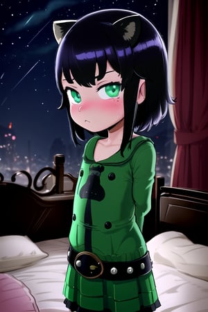 masterpiece, best quality, solo,looking at viewer, 1girl, raccoon dog girl, arms behind back , looking at viewer, various fluttering ribbons,in bedroom,(loli:1.3), in black and green style, night, eyes glowing,belt,