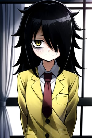 masterpiece, best quality, (solo:1.3), 1girl , arms behind back,looking_at_viewer,long hair, black-hair,hair over in one eye,school uniform, yellow jacket, classroom,bags under eyes, watamote,loli,necktie,naughty_face, 