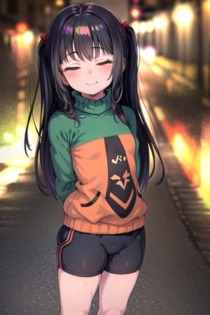 masterpiece, best quality, solo, 1girl, (arms behind back:1.1),loli,dark tunnel,looking at viewer,long_hair,  black_hair, closed_eyes,green sweater,smile,  sleeves_past_wrists,  turtleneck, closed_mouth, bangs, long_sleeves