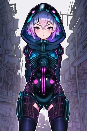 masterpiece, best quality,1girl, (solo:1.1), in sanke style,arms behind back , looking_at_viewer, hood,factory background , loli,mechanical suit,,short_hair,cyberpunk exoskeleton