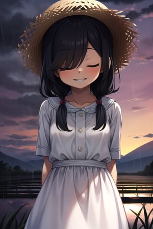 masterpiece, best quality, solo, 1girl,arms behind back,loli,rain, small_breast, smile,(dusk:1.3), Beside the rice fields,black_hair white dress,straw hat,covering eyes, shading eyes, (no eyes:1.2), 