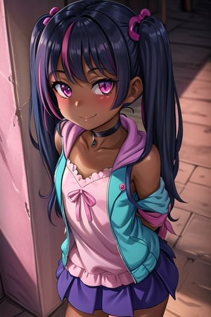 masterpiece, best quality,solo, cosplay, 1girl, black  hair,little girl,loli,looking at viewer,smile,in dark hole, arms behind back ,choker,off_shoulders,pink streaked hair, twin_tails,dark_skin,cropped_jacket,blue skirt,