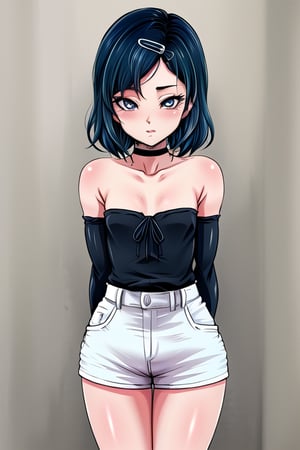 masterpiece, best quality,solo, cosplay, little boy, yaoi, medium hair, black  hair, asymmetrical hair,  hair clip, beautiful detailed eyes, looking at viewer, black eyes, high - waist shorts, detached_sleeves, arms behind back ,ruka urushibara,choker