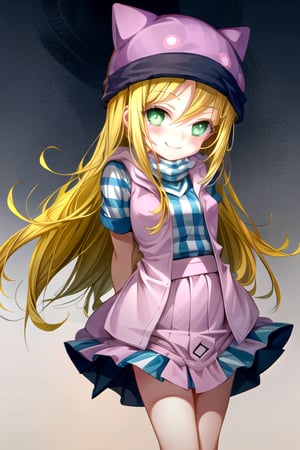 masterpiece, best quality, (solo:1.3), 1girl, loli, arms behind back,looking_at_viewer,OrimotoIzumi,  purple vest,horizontal striped shirt, beanie, cat hat, green eyes, purple  skirt,smile, blonde,