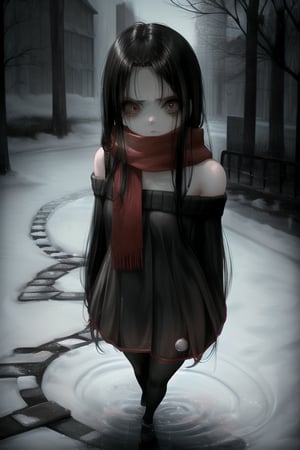 masterpiece, best quality, (solo:1.1), 1girl , arms behind back,looking_at_viewer,horror theme,sweater,(mini_girl:1.3), off_shoulder,loli,black stockings,snow, reflection,broken glass,red scarf