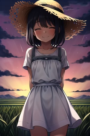 masterpiece, best quality, solo, 1girl,arms behind back,loli,rain, small_breast, smile,(dusk:1.3), Beside the rice fields,black_hair white dress,straw hat,covering eyes, shading eyes, no eyes, 