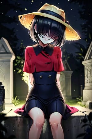 masterpiece, best quality, solo, 1girl,arms behind back,loli,ghost_girl,rain, small_breast, smile,(night:1.3),sitting in cemetery,black_hair ,red dress,big straw hat,wet_clothes,short_hair,hair over eyes