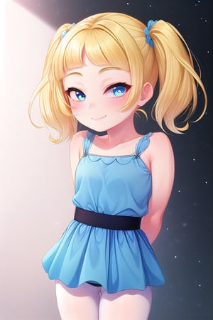 masterpiece, best quality,solo,1girl, looking at viewer, (arms behind back:1.2),(buttercup),loli,little girl,blue and yellow style,blue dress,short dress,white stockings,smile,closed_mouth,twin_tails,black waistband,short_hair,blonde,