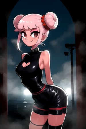 masterpiece, best quality, (solo:1.1), 1girl ,looking at viewer,in red and black style,( arms behind back :1.3),mesugaki, sleeveless dress, high - waist shorts, double bun, collar, arm strap, smile,scenery,night fog  tunnel background