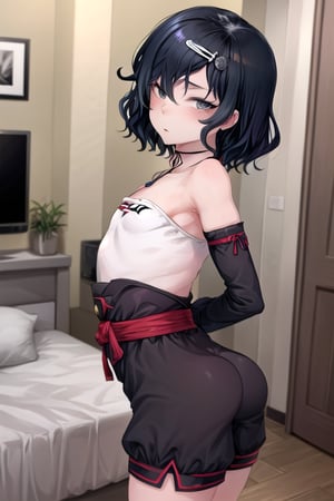 masterpiece, best quality,solo, cosplay, little boy, yaoi, medium hair, black  hair, in bedroom,  hair clip, beautiful detailed eyes, looking at viewer, black eyes, high - waist shorts, detached_sleeves, arms behind back ,ruka urushibara,choker