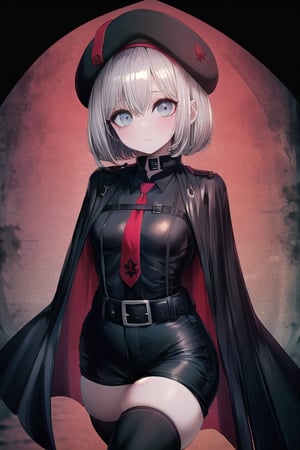 masterpiece, best quality, solo, 1girl, (arms behind back:1.1),dark tunnel,looking at viewer, vesti (nikke),red necktie, black shirt, black thighhighs, cape, long sleeves, beret, black shorts,tactics_belt