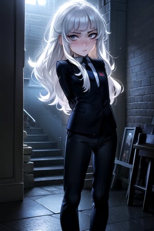 masterpiece, best quality, (solo:1.1), 1girl ,looking at viewer,( arms behind back :1.3),loli,stairs, scenery, white hair,leds  underworld, back suit,ribbon on body, long wavy hair, necktie,long pants, hair ornament, long sleeves,raining,opening jacket