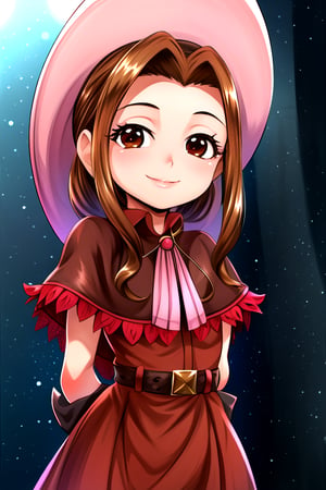 masterpiece, best quality, (solo:1.3), 1girl , arms behind back,looking_at_viewer,Tachikawa Mimi, long hair, brown hair, brown eyes, hat, dress, belt, red dress, gloves, sidelocks, capelet, pink hat, fringe trim, short sleeves,smile 