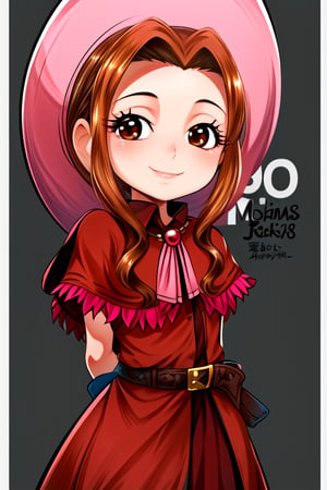 masterpiece, best quality, (solo:1.3), 1girl , arms behind back,looking_at_viewer,Tachikawa Mimi, long hair, brown hair, brown eyes, hat, dress, belt, red dress, gloves, sidelocks, capelet, pink hat, fringe trim, short sleeves,smile 