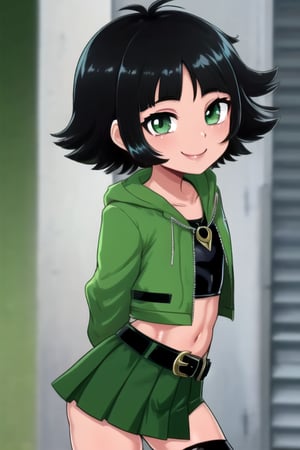 masterpiece, best quality,solo,1girl, looking at viewer, arms behind back,buttercup,loli,green and black style,green skirt,black leotard,green crop jacket,black_hair,green eyes,smile,messy hair,waistband,short_hair,mesugaki, belt