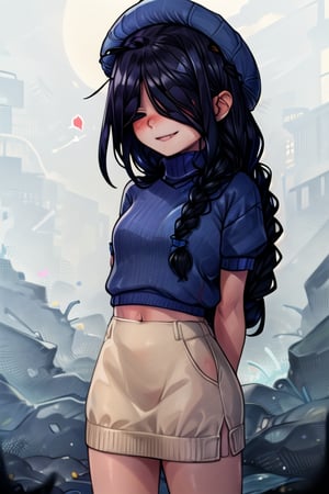 masterpiece, best quality, solo, 1girl, (arms behind back:1.1),loli,dark tunnel,looking at viewer,long_hair,  black_hair, (blue sweater:1.3),smile,  red beret,short sleeves,  turtleneck, closed_mouth, dark_skin,coverd_eyes,bare legs,long_braid,(single_braid:1.2),Hair over eyes