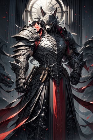 A character design concept for a medieval-themed fantasy world featuring magic. The protagonist is a 28-year-old werewolf with grey-white fur and sharp, golden eyes. Adorned in leather armor with intricate designs and emblems, they possess a muscular and imposing physique. Positioned centrally, surrounded by depictions of weaponry, attributes, skills, magic, and related items in a fictional language. The artwork is presented in ultra-high definition, depicting a fantastical w